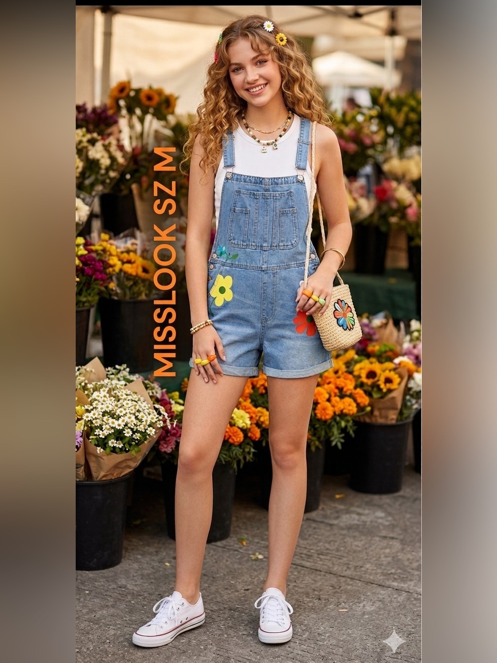 MISSLOOK Painted Floral Embellished Blue short overall Jean SZ:M Excellent Shape